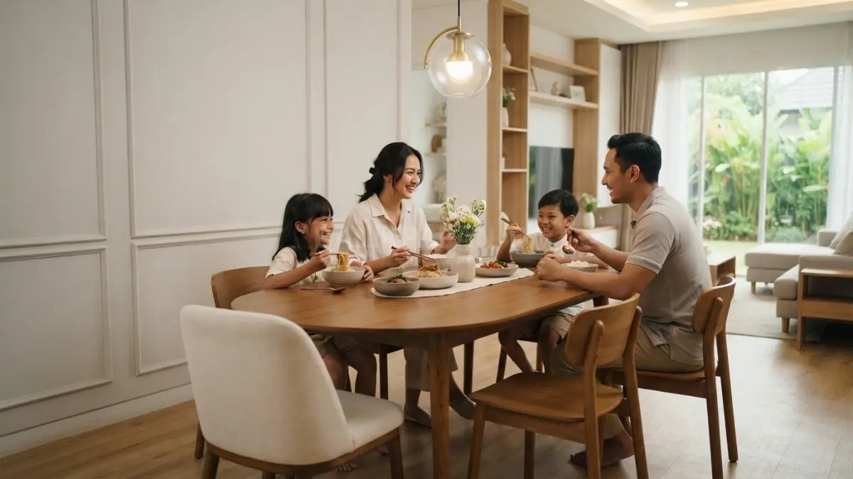 Ruang makan Korea modern classic memadukan meja kayu, kursi bernuansa netral, panel dinding, dan lampu elegan. (BTV/AI)