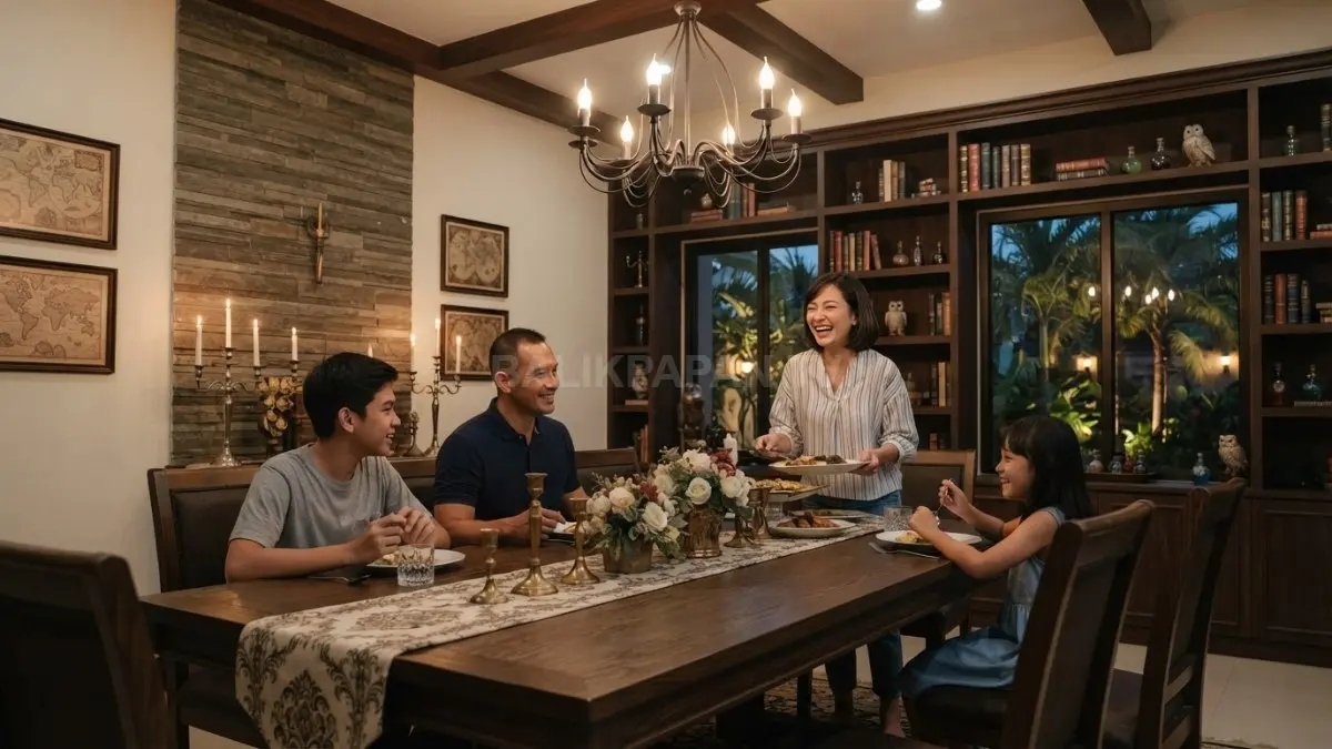 Ruang makan terinspirasi Great Hall menghadirkan meja kayu panjang, lampu gantung, dan dekorasi klasik bernuansa Hogwarts. (BTV/AI)