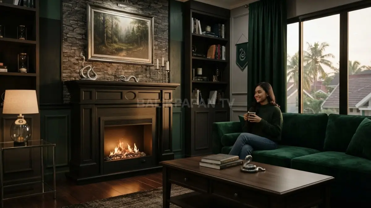 Ruang santai bernuansa Slytherin memadukan hijau zamrud, kayu gelap, aksen silver, dan pencahayaan hangat elegan. (BTV/AI)
