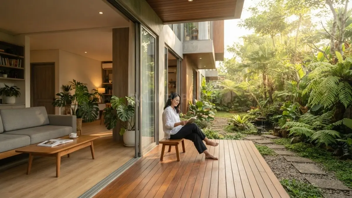 Rumah bergaya anime menghadirkan engawa modern dengan dek kayu, pintu kaca, taman hijau, serta ruang keluarga nyaman. (BTV/AI)