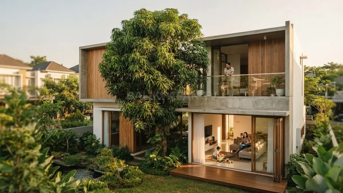 Rumah dua lantai bergaya anime memadukan balkon, pohon besar, taman hijau, dan ruang keluarga hangat. (BTV/AI)