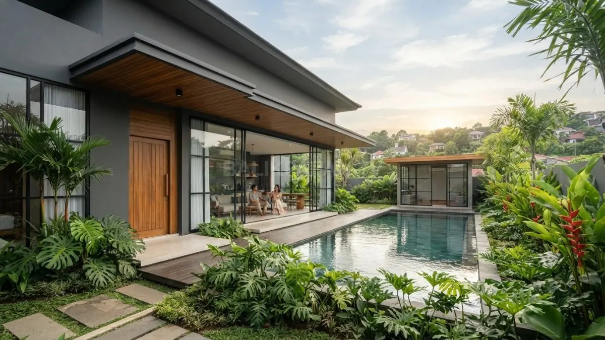 Rumah Eropa modern berbingkai hitam memadukan taman tropis, kolam reflektif, kayu, dan bukaan kaca elegan. (BTV/AI)