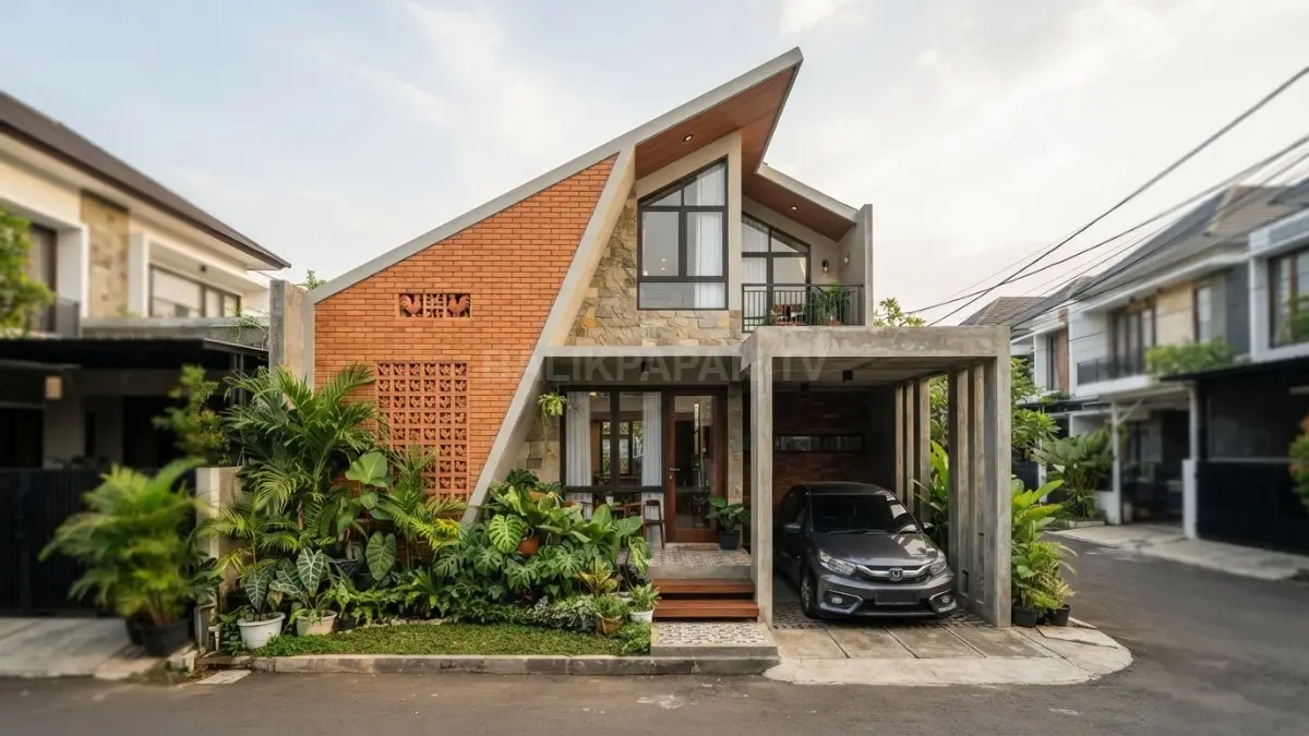 Rumah jengki compact memadukan taman, teras, carport, gevel miring, rooster, dan tanaman tropis harmonis. (BTV/AI)