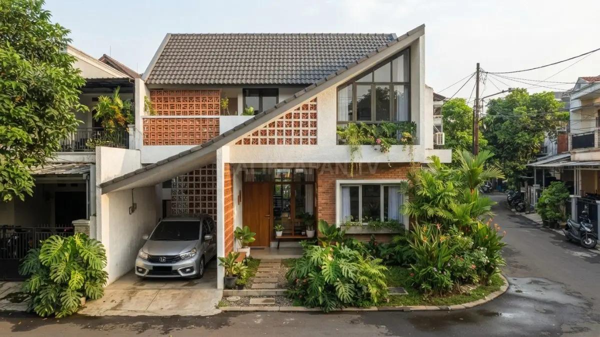 Rumah jengki compact memadukan taman, teras, carport, gevel miring, rooster, dan tanaman tropis harmonis. (BTV/AI)