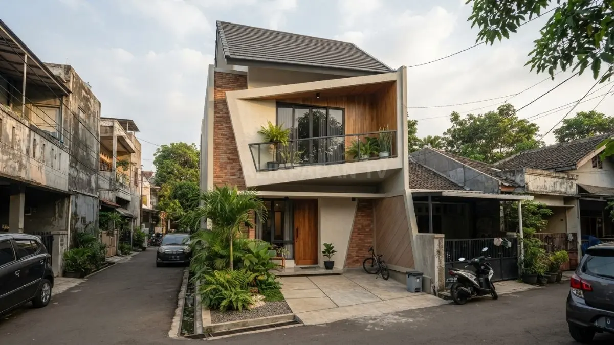 Rumah Jengki dua lantai memaksimalkan lahan memanjang dengan balkon, gevel, dan atap miring khas. (BTV/AI)