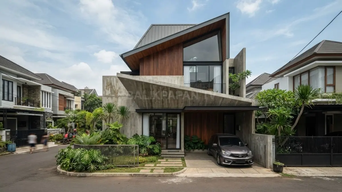Rumah Jengki modern menampilkan atap asimetris dengan garis geometris tegas, menciptakan karakter unik dan kontemporer (BTV/AI)