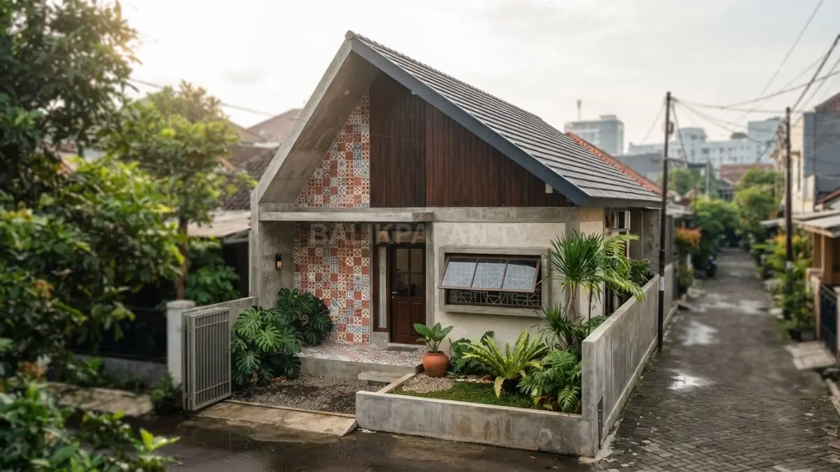 Rumah jengki satu lantai menampilkan fasad miring, atap asimetris, dan teras kompak sebagai fokus utama. (BTV/AI)