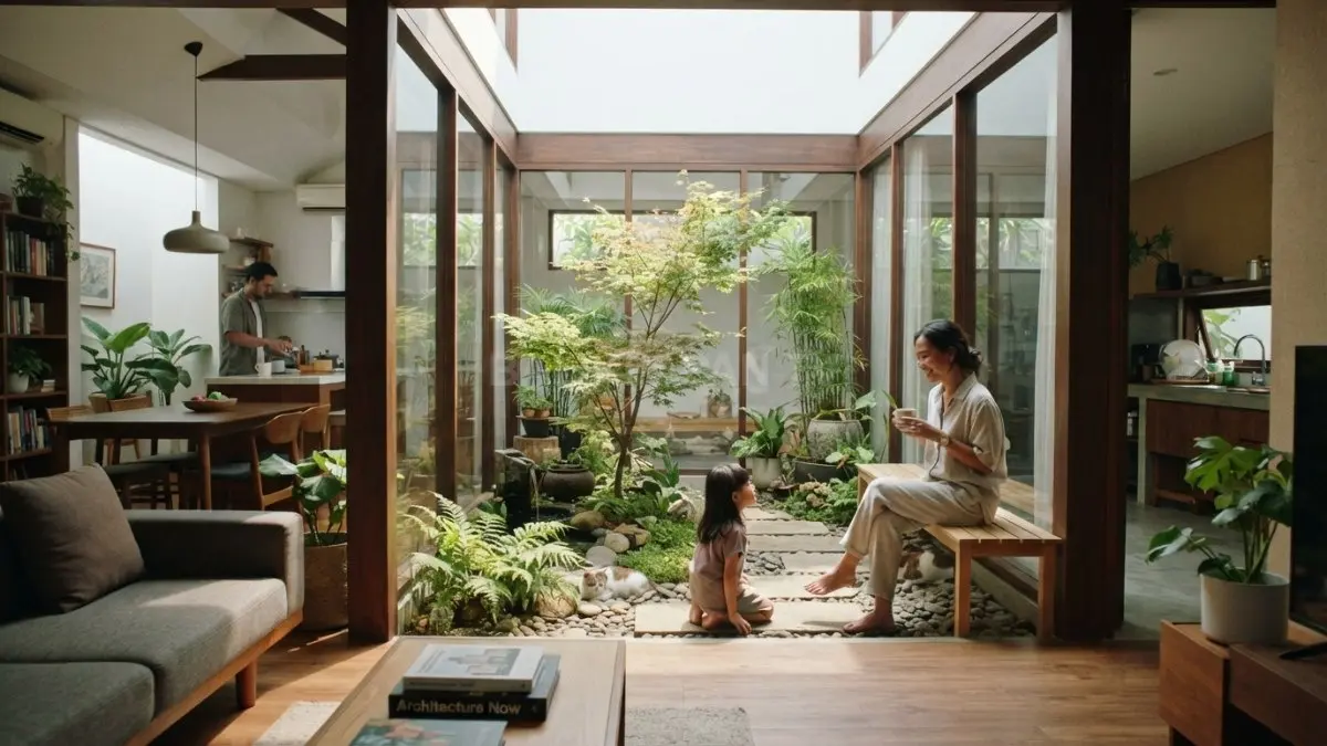 Rumah Jepang modern dengan courtyard menghadirkan taman sebagai pusat hunian, memperkuat suasana minimalis ala anime. (BTV/AI)