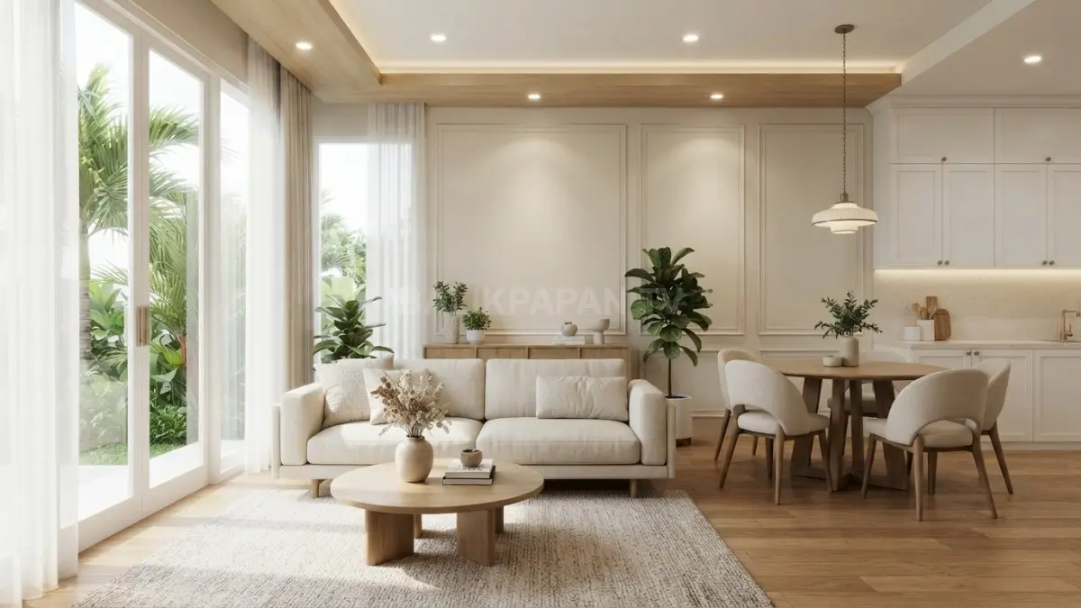 Rumah Korea modern classic memadukan warna netral, kayu, pencahayaan hangat, dan detail klasik elegan. (BTV/AI)