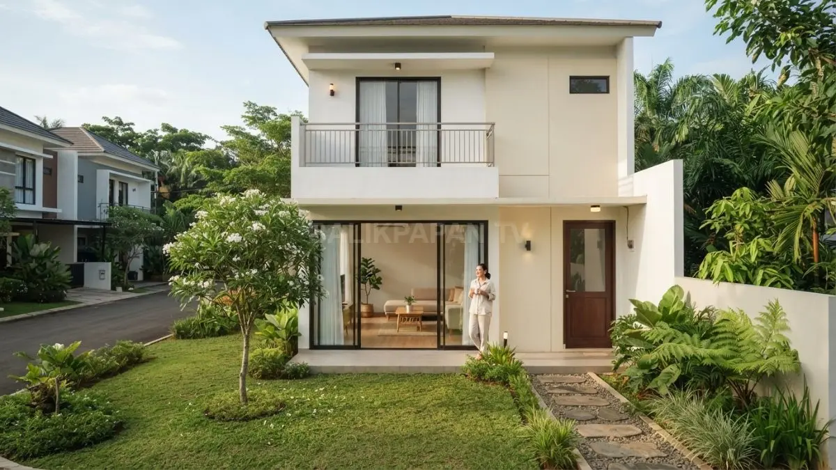 Rumah minimalis bergaya anime memadukan fasad putih, taman sederhana, cahaya alami, dan interior bernuansa kayu hangat. (BTV/AI)