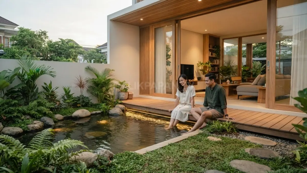 Rumah minimalis bergaya anime memadukan taman, batu alam, kolam kecil, dan pencahayaan hangat yang menenangkan. (BTV/AI)