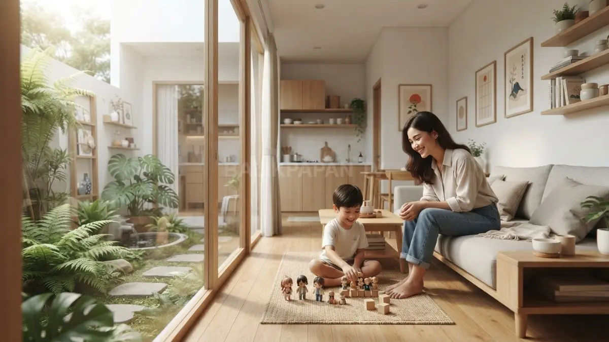 Rumah minimalis bergaya anime menghadirkan taman kecil, cahaya alami, material hangat, dan suasana keluarga yang hidup. (BTV/AI)