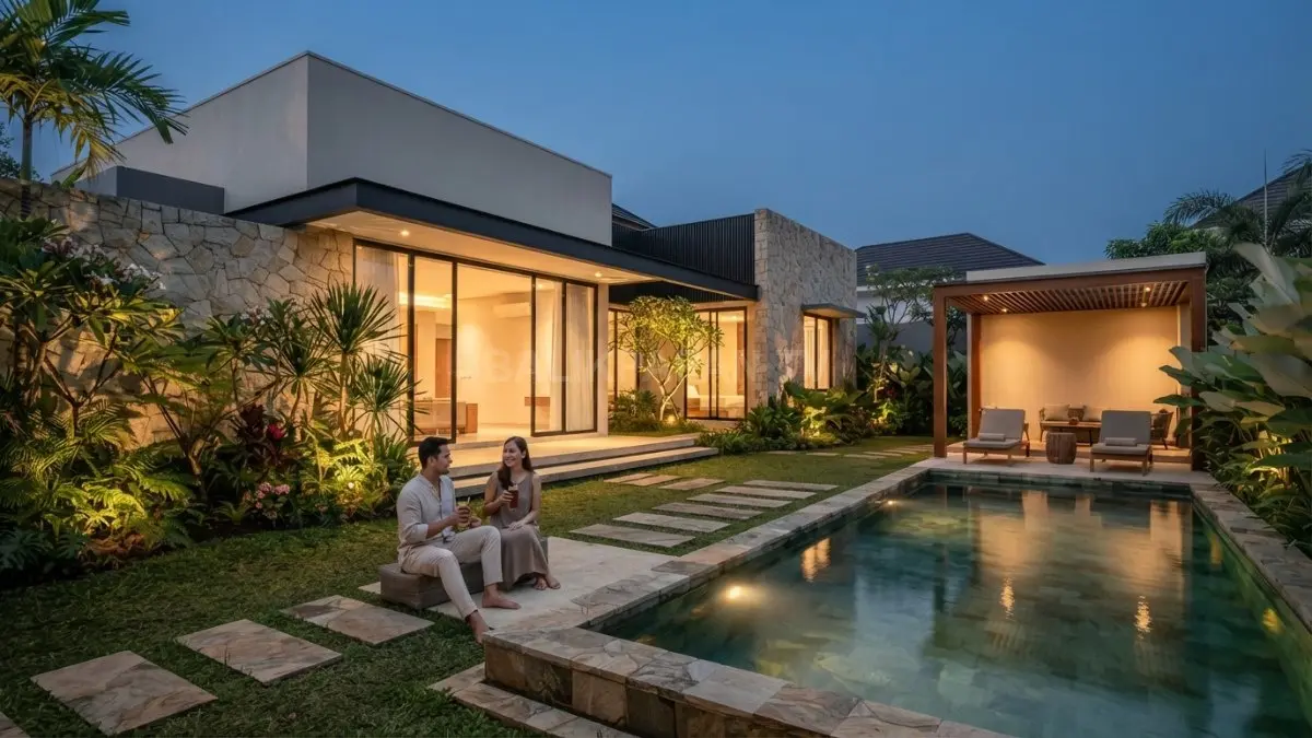 Rumah minimalis Eropa modern memadukan fasad sederhana, taman terkurasi, kolam, dan material natural elegan. (BTV/AI)