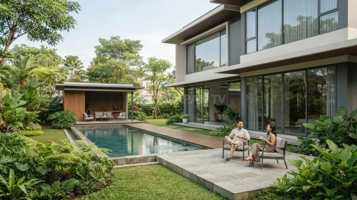 Rumah minimalis Eropa modern memadukan fasad sederhana, taman terkurasi, kolam, dan pool house dalam harmoni elegan. (BTV/AI)