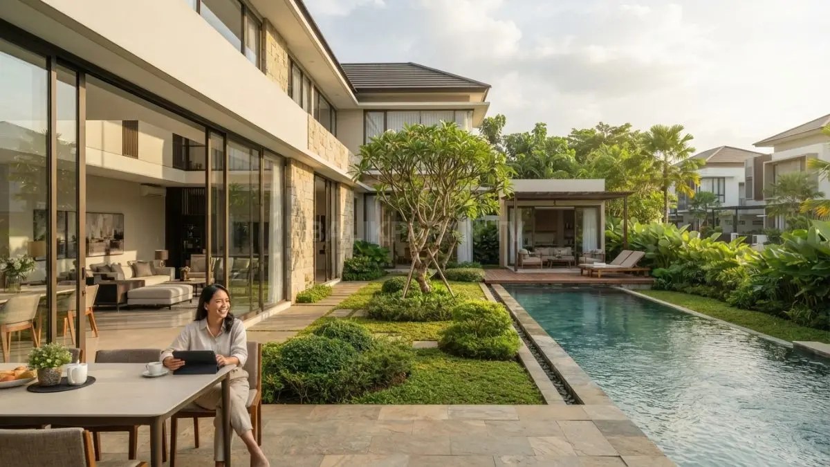 Rumah minimalis Eropa modern menggabungkan courtyard, kolam linear, taman terkurasi, dan pool house dalam harmoni elegan. (BTV/AI)