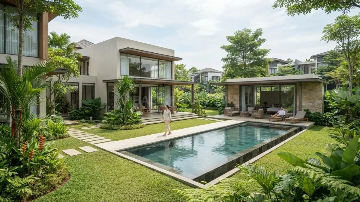 Rumah minimalis Eropa modern menghadirkan garden, courtyard, kolam renang, dan pool pavilion dalam komposisi elegan. (BTV/AI)
