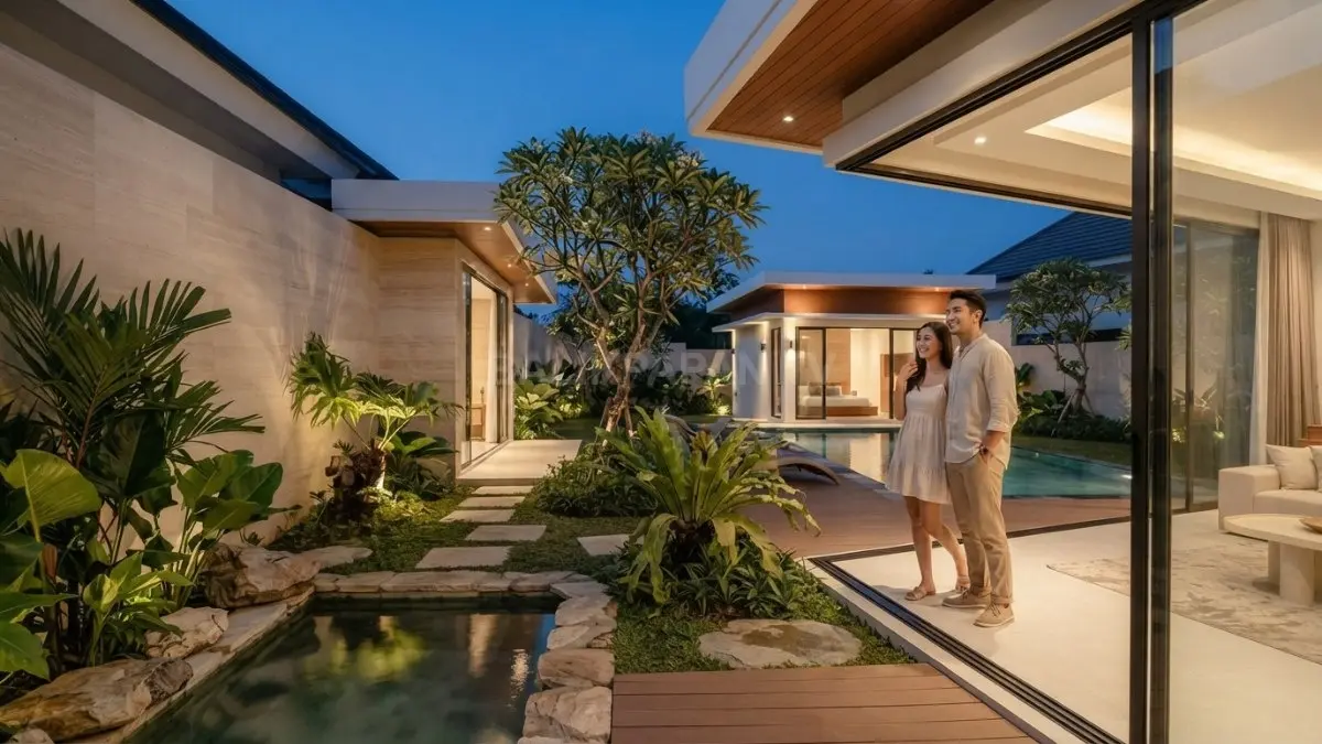 Rumah minimalis Eropa modern menghadirkan garden tengah sebagai pusat visual yang menyatukan interior dan ruang luar. (BTV/AI)