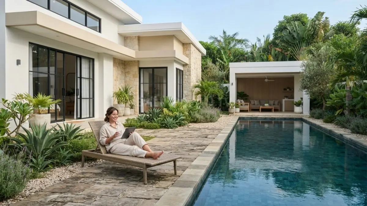 Rumah putih minimalis bergaya Mediterranean menghadirkan taman hijau, kolam renang, dan pool house bernuansa elegan. (BTV/AI)