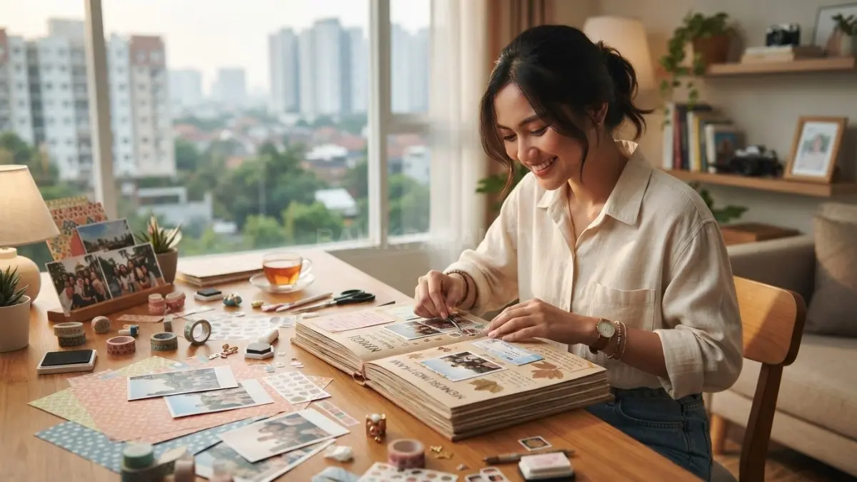 Scrapbook kreatif mengubah foto, tiket, stiker, dan catatan menjadi kenangan personal yang estetik serta bermakna (BTV/AI).
