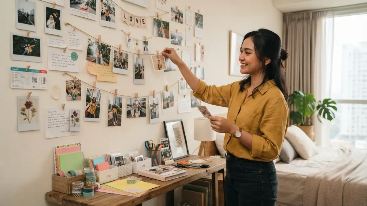 Scrapbook wall membuat kenangan personal terasa estetik, hangat, kreatif, dan cocok menghiasi kamar Gen Z (BTV/AI).