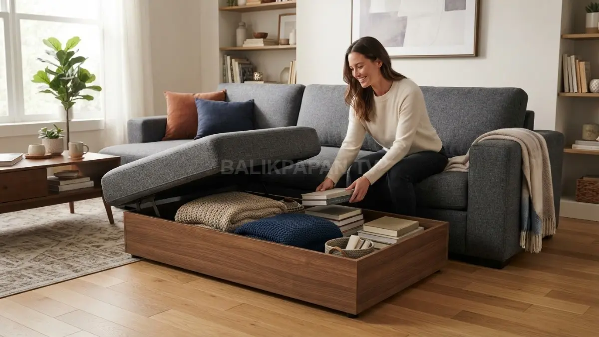 Sofa dengan ruang penyimpanan bawah membantu menyimpan selimut, buku, dan barang jarang digunakan agar ruangan tetap rapi. (BTV/AI)