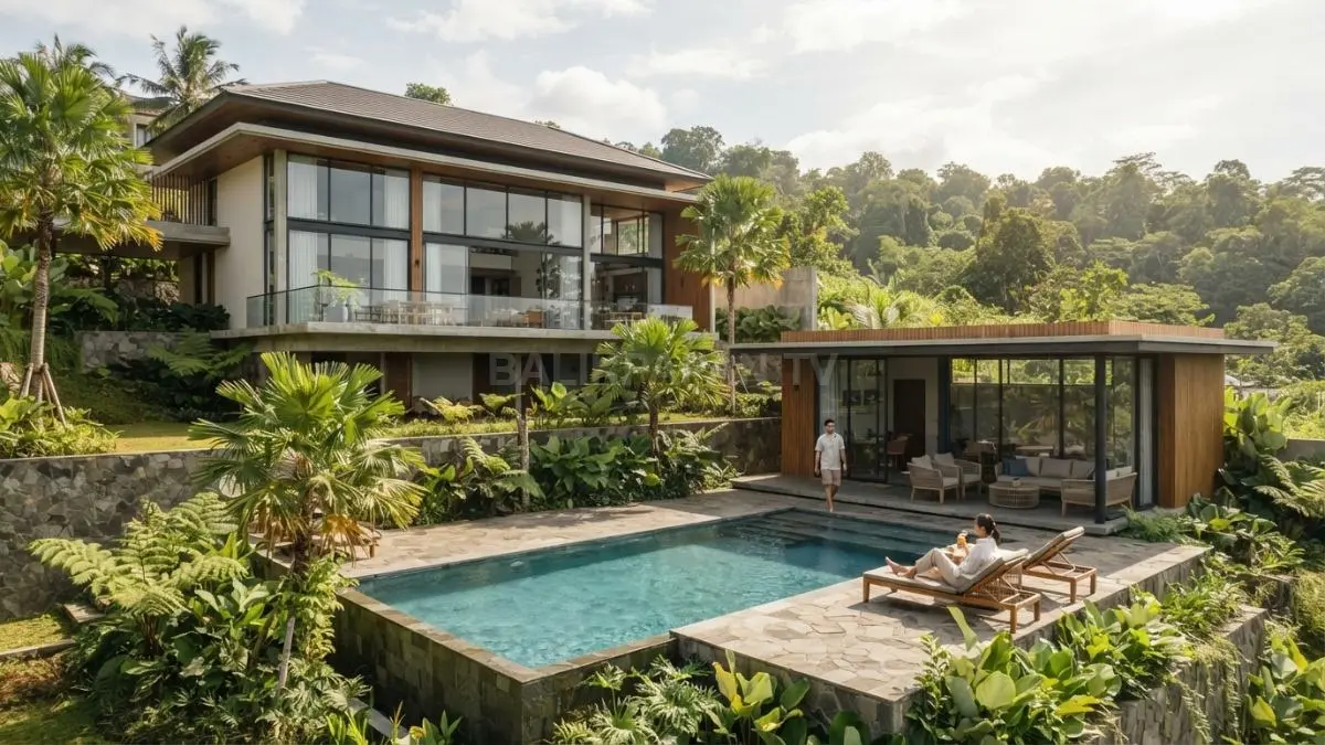Split-level house memanfaatkan kontur lahan dengan kolam, pool house, taman, dan material natural yang harmonis. (BTV/AI)