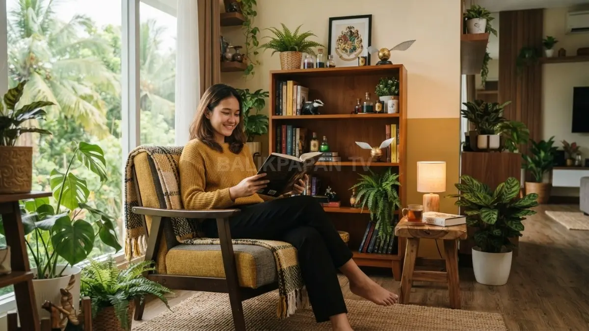 Sudut Hufflepuff menghadirkan nuansa hangat melalui warna mustard, kayu madu, tanaman, kursi nyaman, dan tekstil. (BTV/AI)