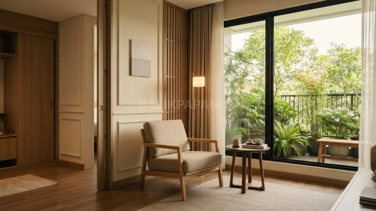 Sudut rumah bergaya Korea modern classic memadukan kayu, tanaman hijau, furnitur rendah, dan pencahayaan hangat. (BTV/AI)