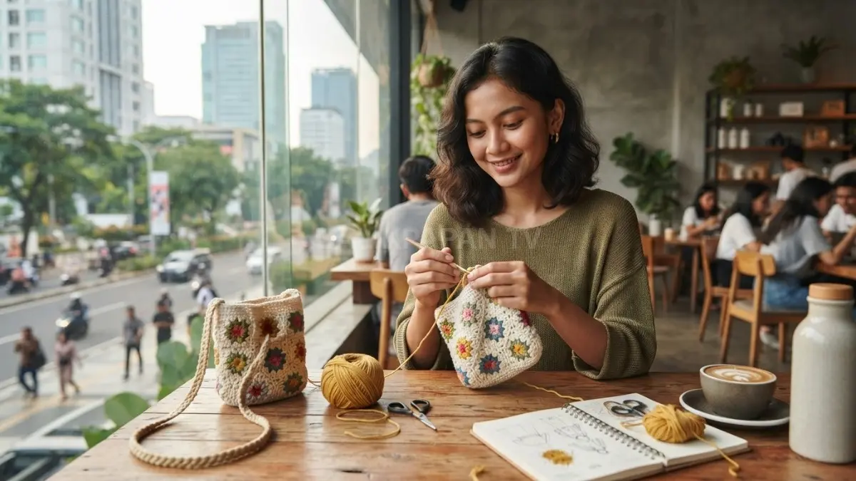 Tas rajut kekinian jadi proyek kreatif Gen Z, stylish, fungsional, mudah dibuat, dan berpotensi cuan (BTV/AI).

