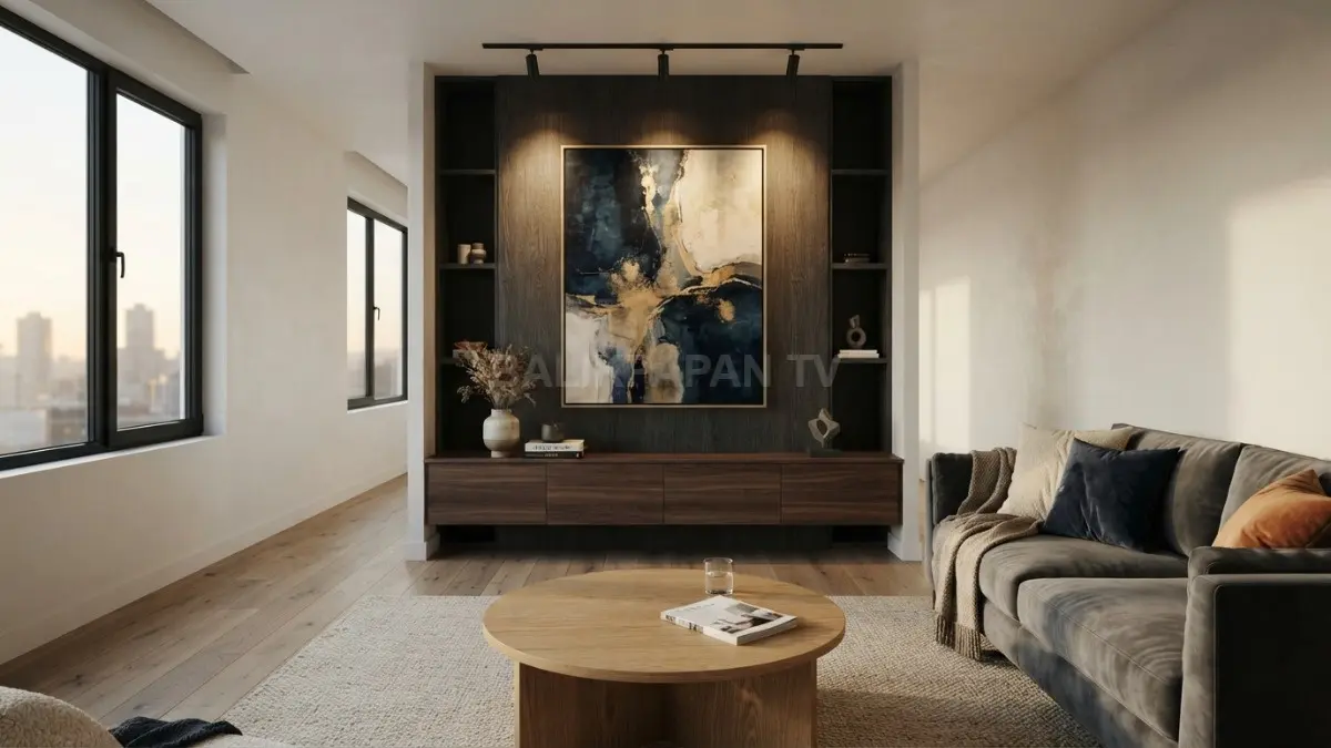 Titik fokus dekorasi ruang melalui sofa, rak, dan karya seni menciptakan tampilan estetik, seimbang, serta nyaman. (BTV/AI)