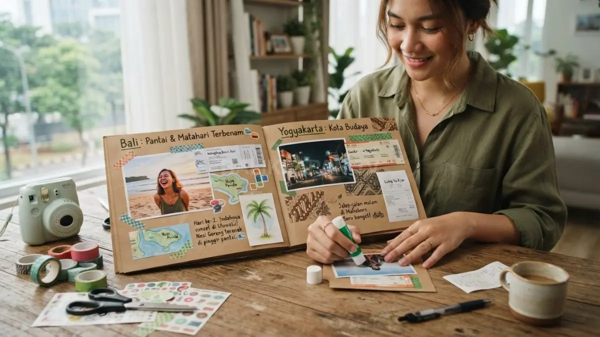 Travel journal scrapbook bikin foto liburan lebih personal, estetik, dan penuh cerita bermakna (BTV/AI).
