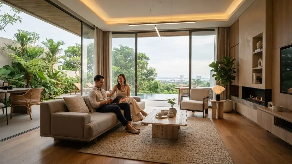 Warm minimalist villa menghadirkan kemewahan melalui material natural, warna earth tone, furnitur sederhana, dan pencahayaan lembut. (BTV/AI)