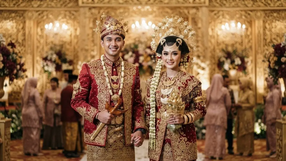 Aesan Gede tampil mewah dengan songket, mahkota, dan perhiasan yang mencerminkan kebesaran tradisi Palembang (BTV/AI)
