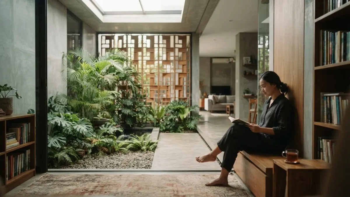 Arsitektur introvert place memanfaatkan courtyard, taman dalam, skylight, dan screen privasi untuk menciptakan ruang nyaman. (BTV/AI)