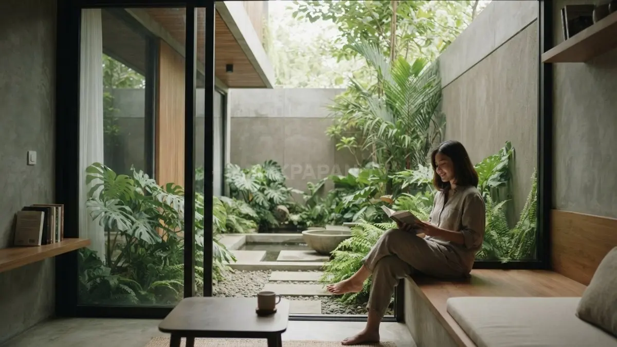 Arsitektur introvert place mengutamakan privasi melalui courtyard, taman dalam, cahaya alami, serta kontrol visual. (BTV/AI)