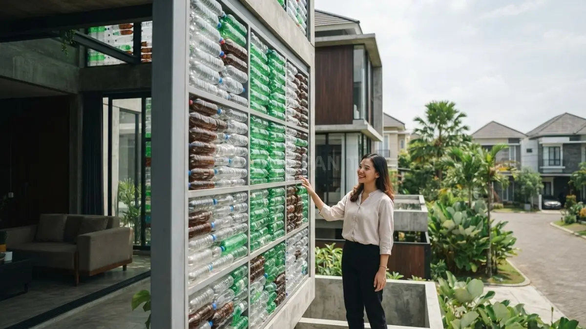 Arsitektur rumah botol plastik memanfaatkan PET sebagai elemen dekoratif dan dinding dengan prinsip bangunan berkelanjutan. (BTV/AI)