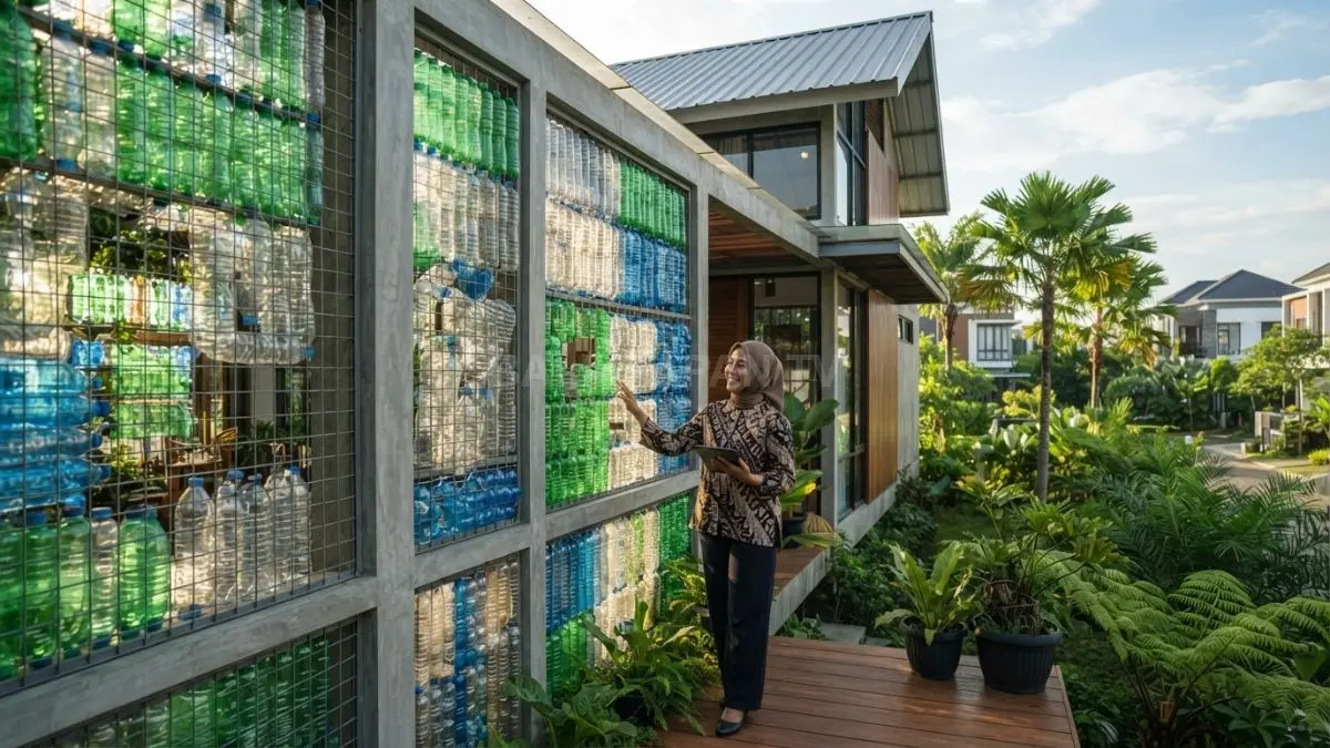 Arsitektur rumah dari botol plastik memanfaatkan limbah PET sebagai elemen dekoratif sekaligus mendukung konsep bangunan berkelanjutan. (BTV/AI)