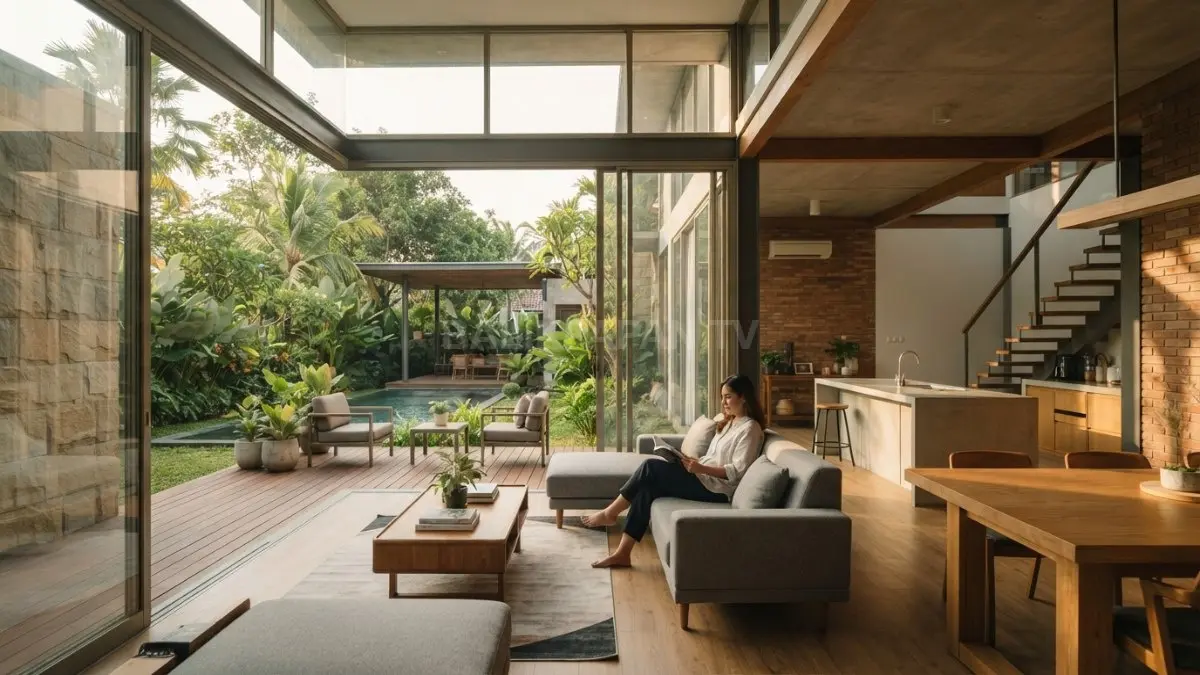 Arsitektur rumah modern memadukan tata ruang fungsional, material harmonis, cahaya alami, ventilasi, serta kenyamanan penghuni. (BTV/AI)
