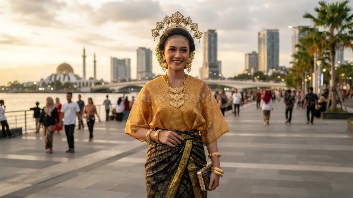 Baju Bodo, busana tradisional Bugis yang anggun dengan sarung dan aksesori khas penuh makna budaya Sulawesi Selatan (BTV/AI).
