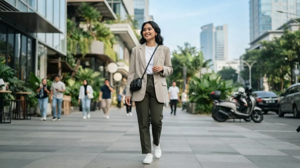 Blazer netral dan inner basic menciptakan gaya smart casual yang rapi, fleksibel, nyaman, dan mudah dipadukan sehari-hari (BTV/AI).

