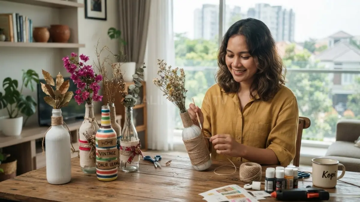 Botol bekas disulap menjadi vas dekoratif unik dengan sentuhan kreatif untuk mempercantik meja dan ruangan (BTV/AI)
