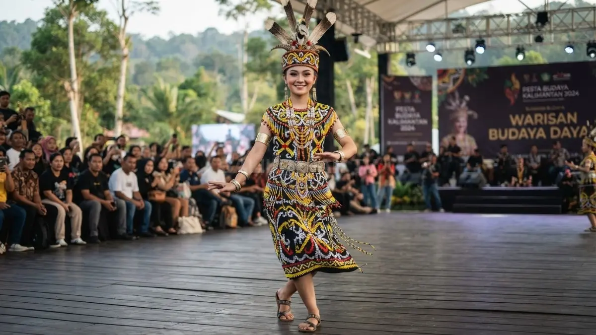 Busana Adat Dayak Kenyah tampil memesona dengan manik-manik khas, penuh warna, dan sarat makna budaya Kalimantan. (BTV/AI)
