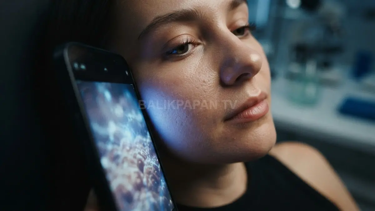 Cahaya biru dari layar smartphone modern memancar ke permukaan kulit wajah, divisualisasikan secara alami dan ilmiah. (BTV/Ai)