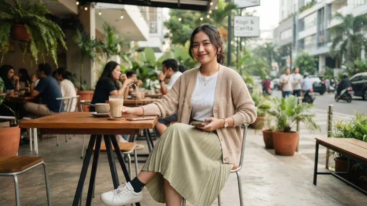 Cardigan lembut dipadukan rok simpel menciptakan gaya feminine, santai, manis, dan tetap nyaman untuk aktivitas harian (BTV/AI).
