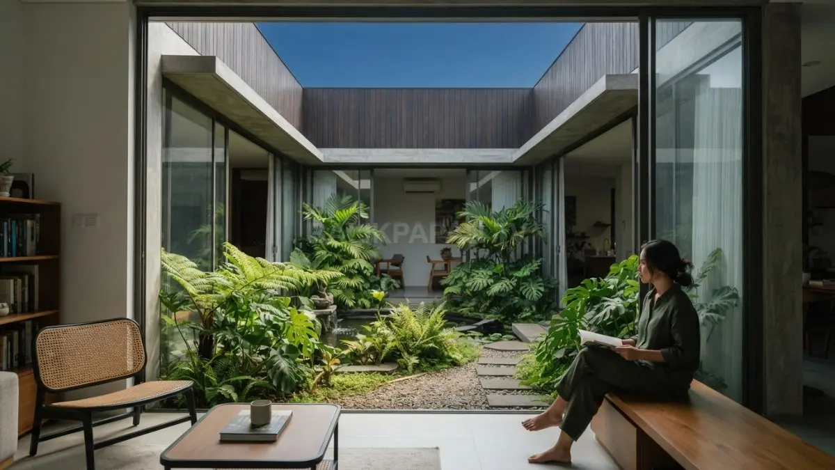 Courtyard menjadi pusat introvert place, menghadirkan privasi, cahaya alami, ventilasi, serta taman pribadi di rumah. (BTV/AI)