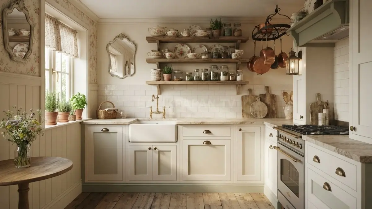 Dapur fairy cottage menghadirkan nuansa dongeng melalui kabinet sage, rak kayu, tanaman herbal, dan dekorasi klasik. (BTV/AI)