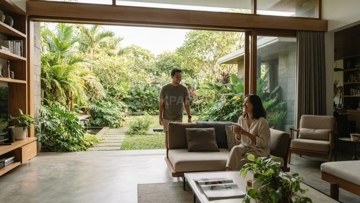 Desain rumah dengan taman menyatu menciptakan hunian natural, nyaman, terbuka, dan terasa lebih santai setiap hari (BTV/AI)
