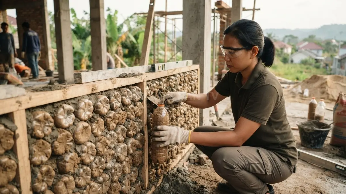 Dinding botol PET berisi material pengisi menawarkan alternatif arsitektur berkelanjutan dengan perencanaan teknis yang tepat. (BTV/AI)