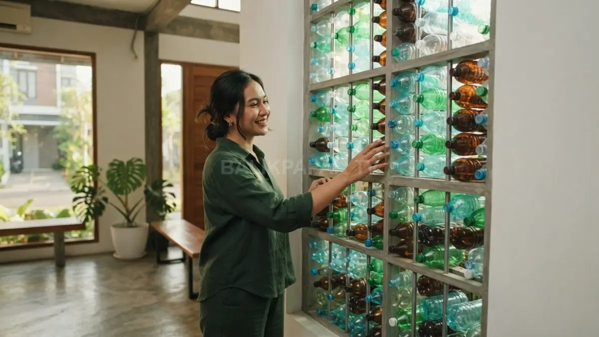 Dinding botol PET menjadi aksen ekologis dengan pola unik, sekaligus mendukung pemanfaatan limbah plastik dalam arsitektur. (BTV/AI)