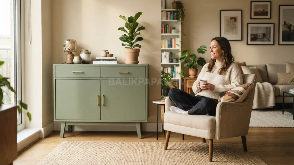 Furnitur lama dipercantik dengan sentuhan baru melalui cat, sarung bantal, handle, dan penataan ulang ruang. (BTV/AI)